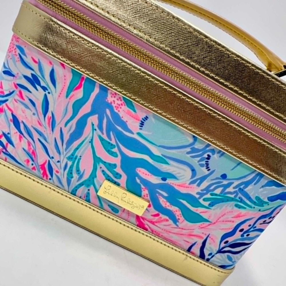 Lilly Pulitzer Train Case Makeup Cosmetic Travel Vanity Case Gold Kaleidoscope - Picture 2 of 8